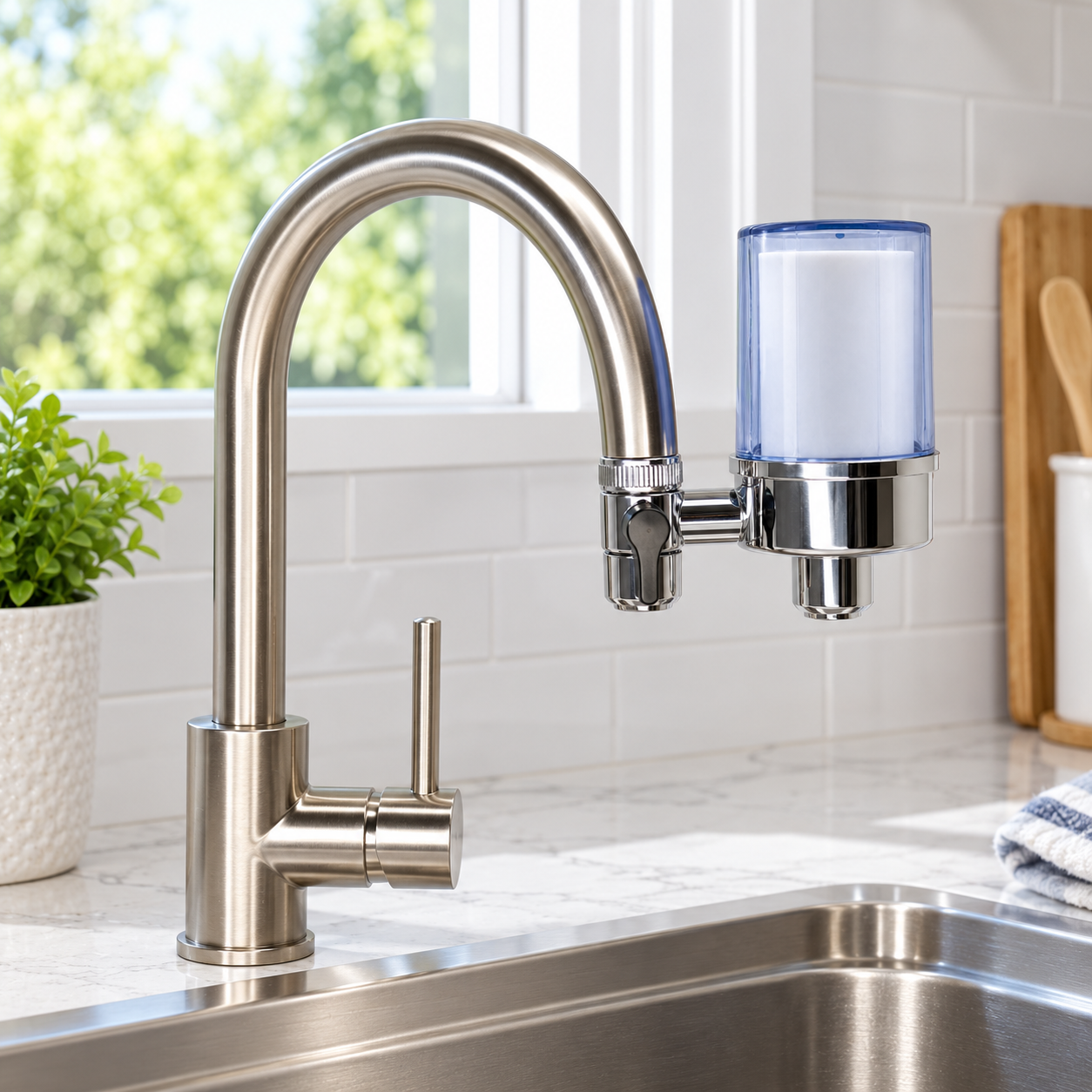 Little Luxury 3-stage water filter installed on a kitchen tap