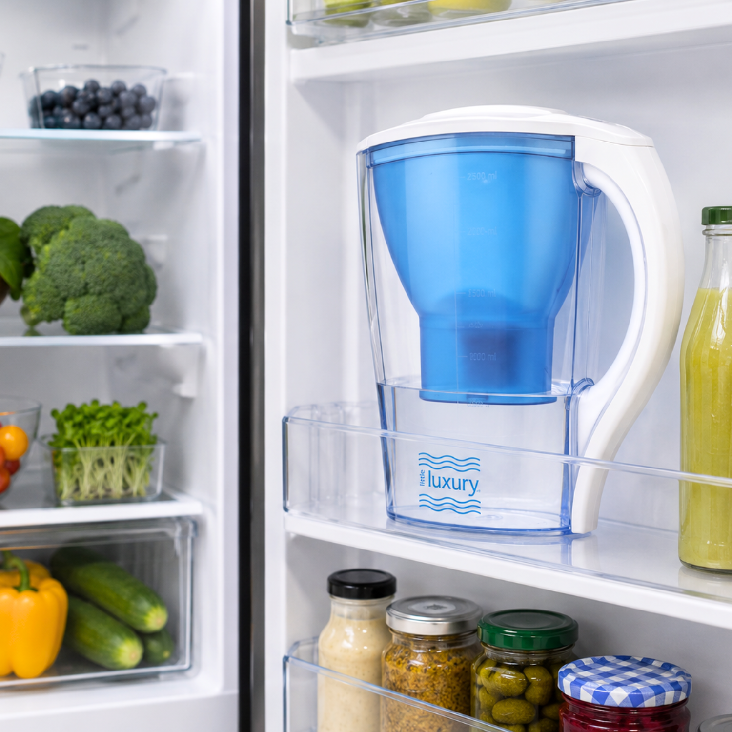 Little Luxury Hawaiian Water Filter Jug stored in a refrigerator door