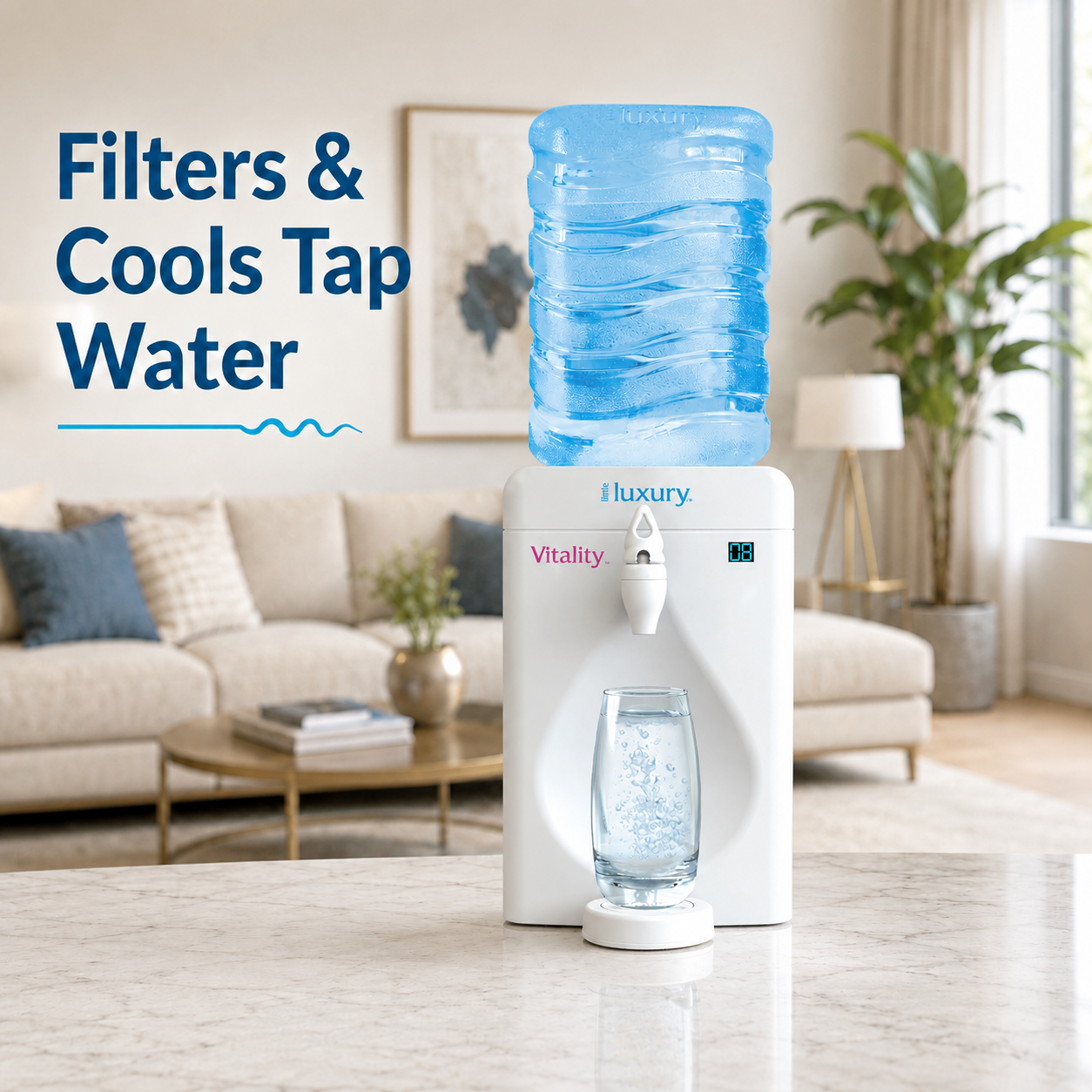 Little Luxury Vitality countertop water cooler filters and cools tap water