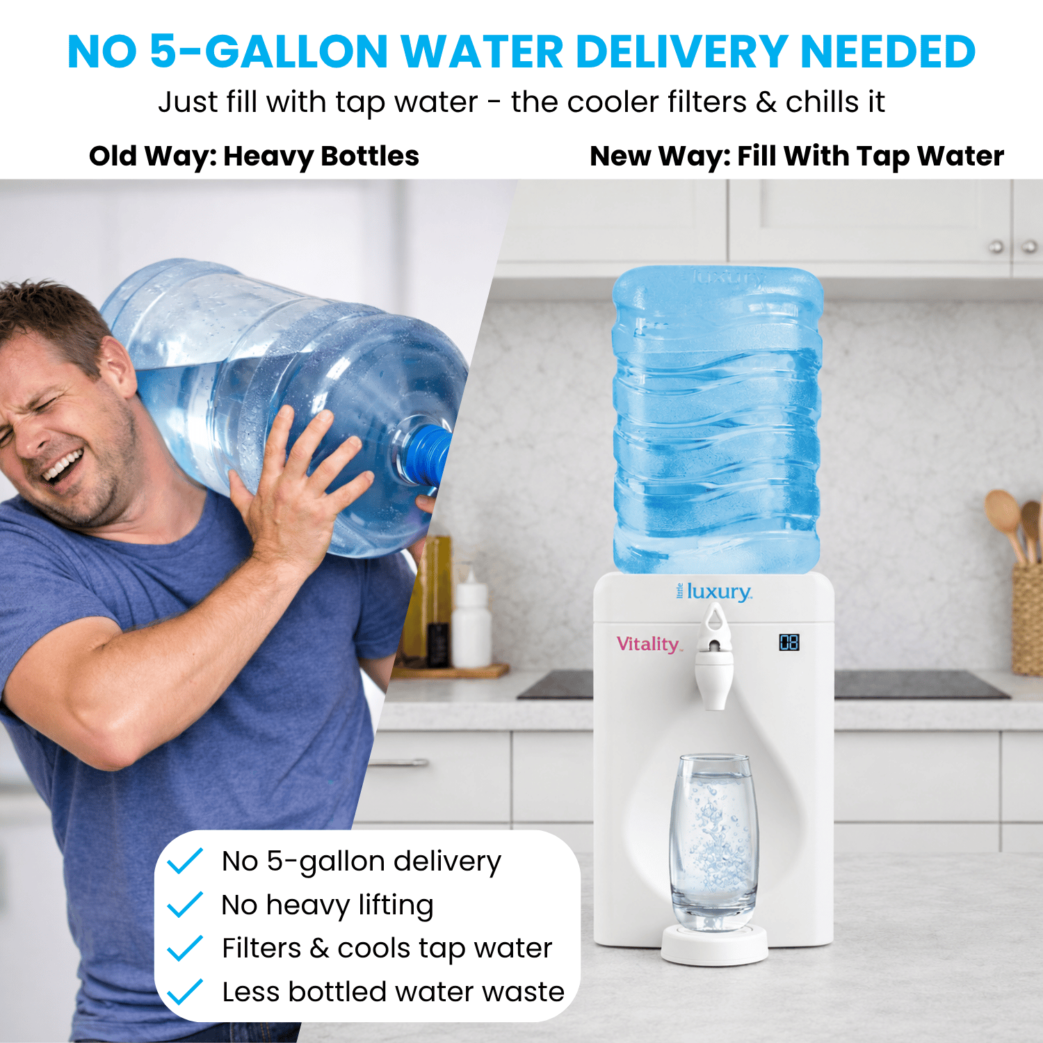 Little Luxury Vitality water cooler uses tap water instead of heavy 5-gallon water bottles