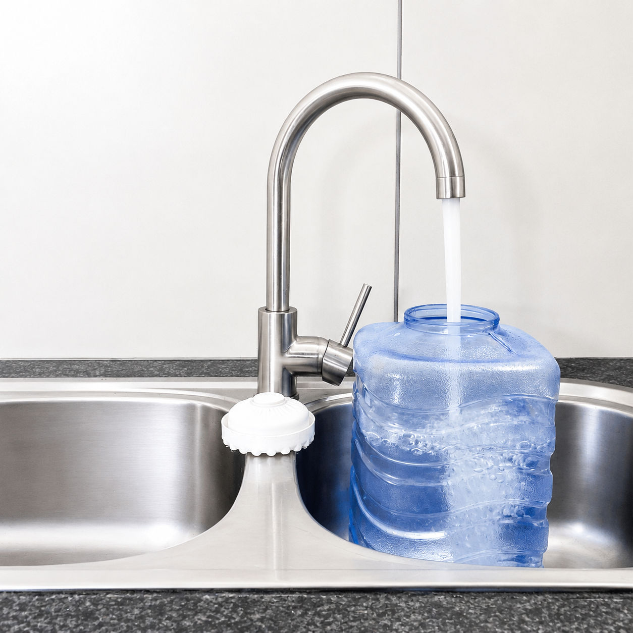 Little Luxury Vitality replacement water bottle being filled with tap water at a kitchen sink