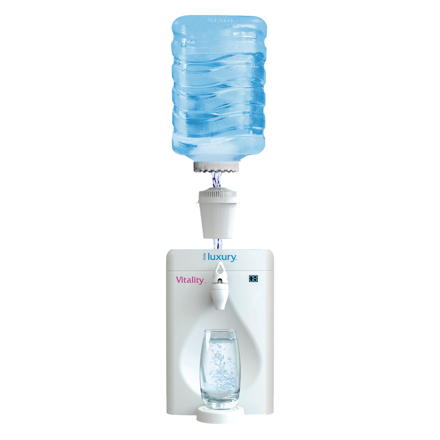 Little Luxury Vitality countertop water cooler with refillable bottle and filter cartridge