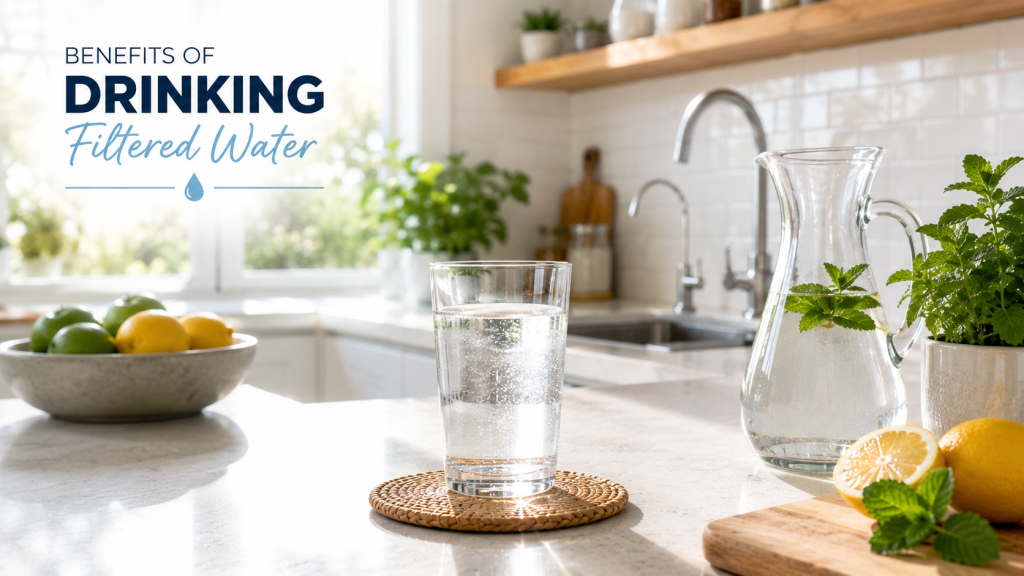 Glass of filtered drinking water in a modern kitchen highlighting the benefits of filtered water