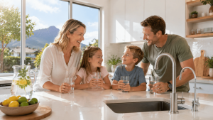 Family enjoying clean filtered drinking water together in a modern kitchen