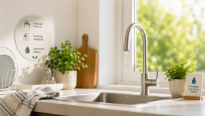 Modern kitchen with a dripping tap and water-saving reminders to help reduce water waste at home