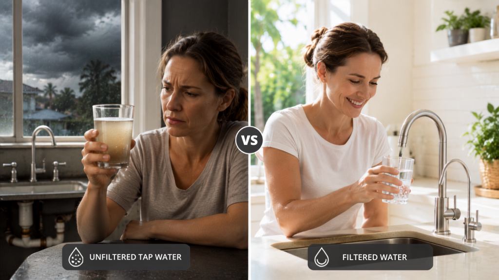 Comparison of unfiltered tap water and filtered drinking water in a home kitchen