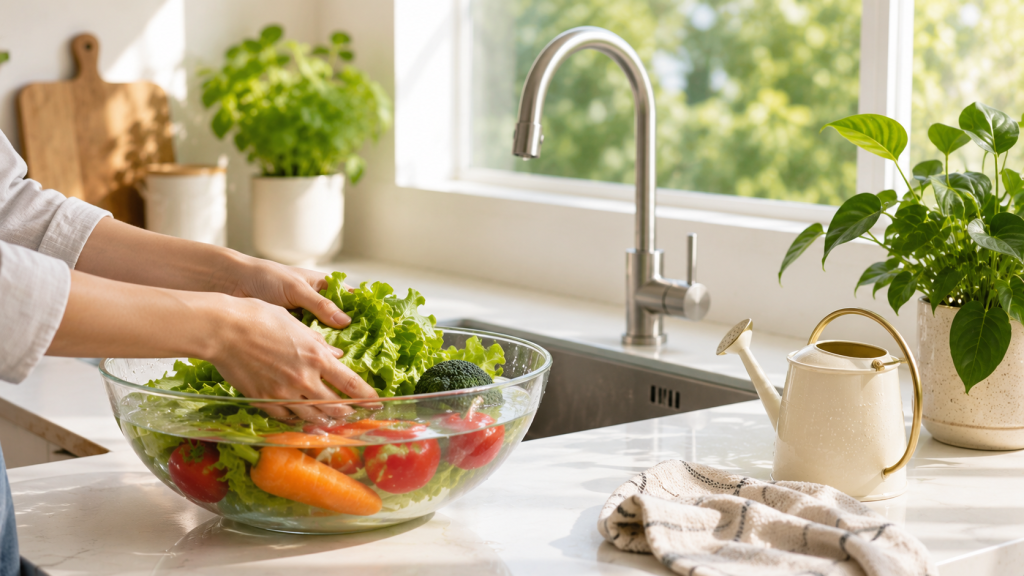 Washing fresh vegetables in a bowl to reduce water waste in the kitchen