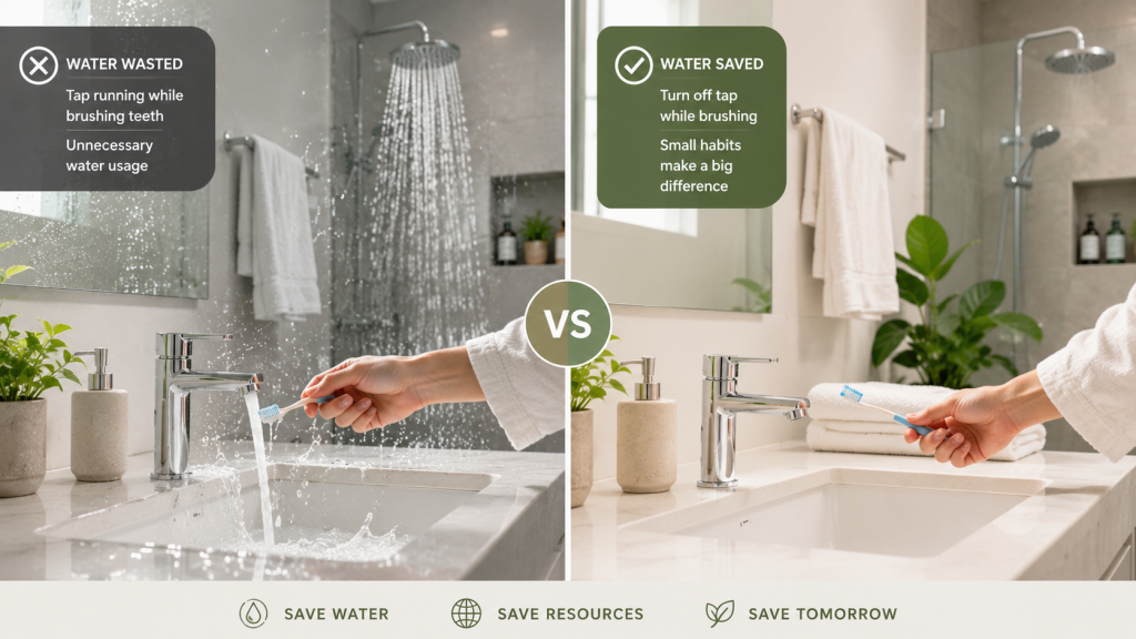 Comparison showing water wasted by leaving the tap running versus saving water by turning the tap off while brushing teeth