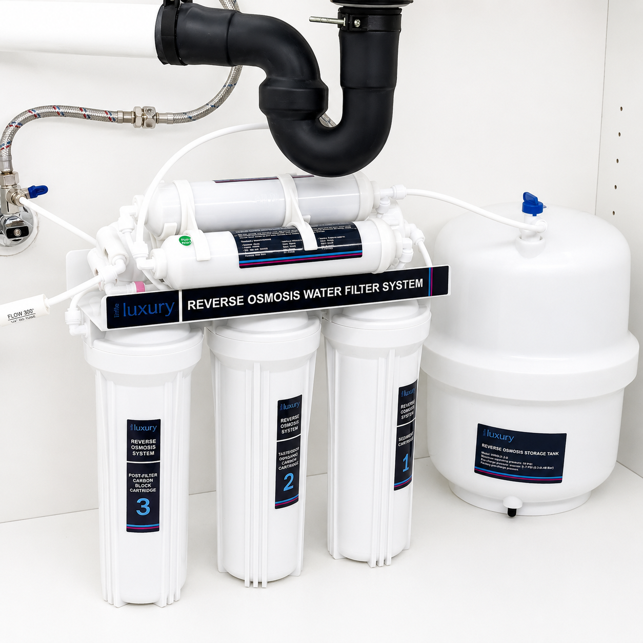 Little Luxury 6-Stage Reverse Osmosis Water Filtration System installed under kitchen sink
