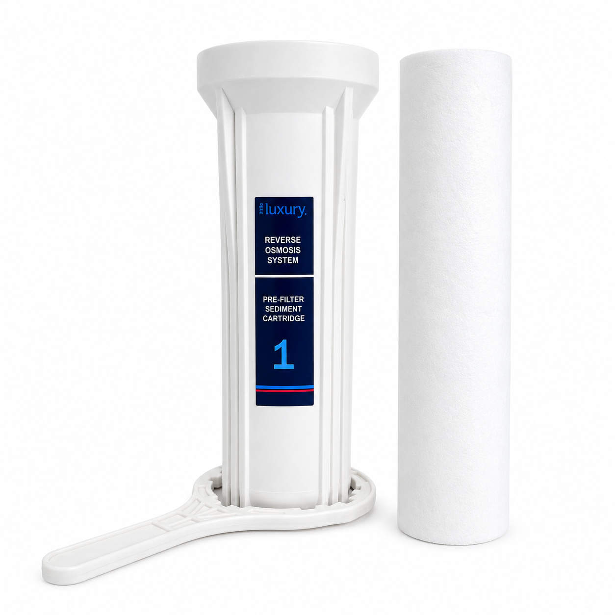 Little Luxury RO filter housing wrench with Stage 1 sediment filter housing and cartridge