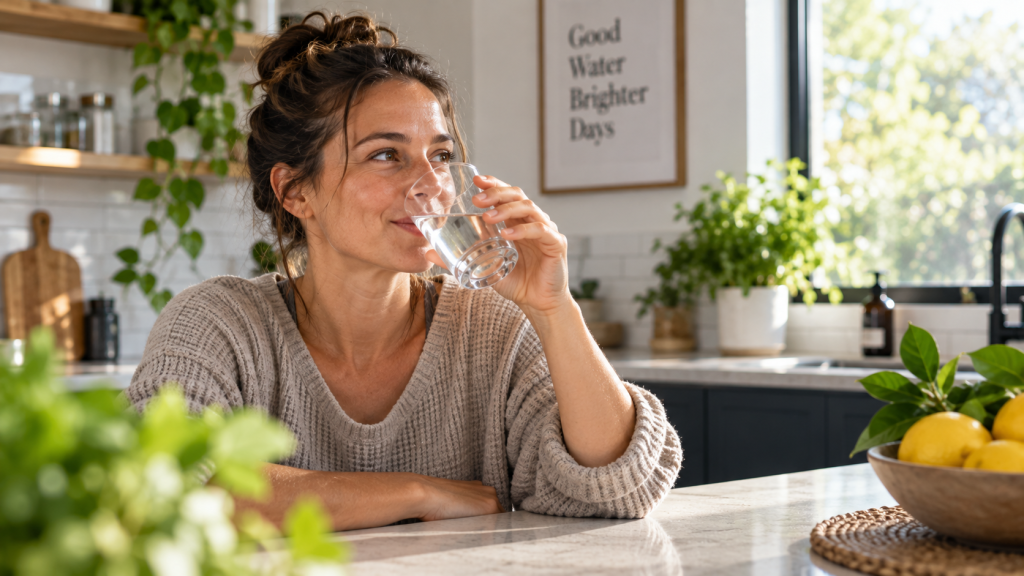 Woman drinking filtered water at home in South Africa
