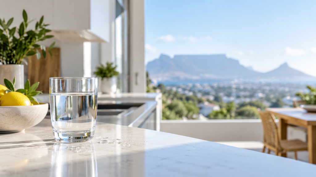 Glass of drinking water in a South African home with Table Mountain