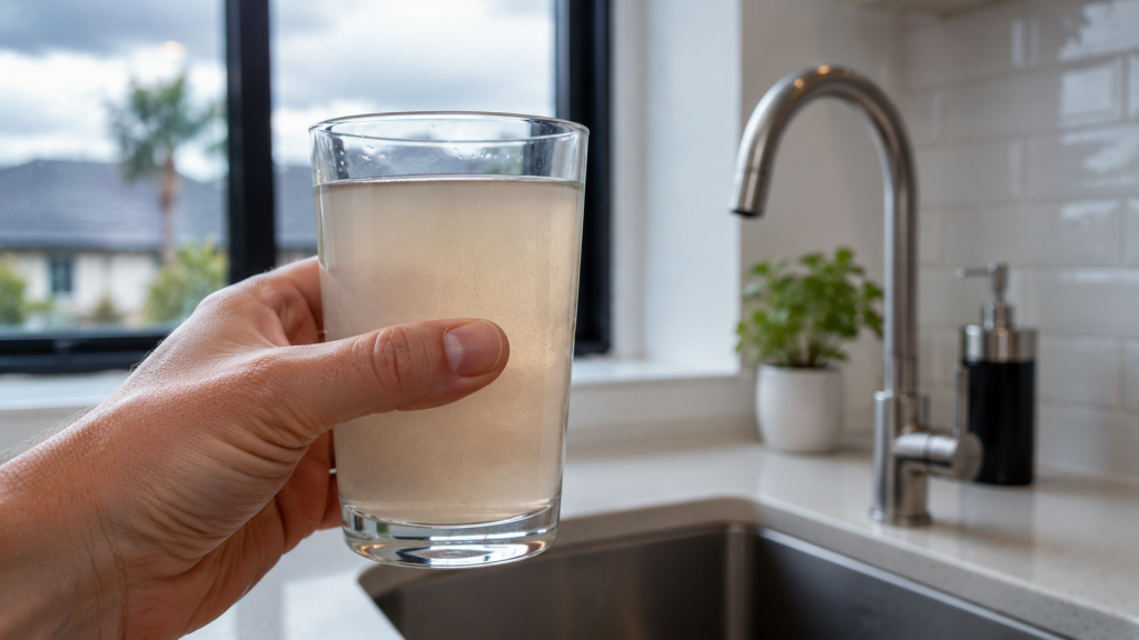 Glass of cloudy tap water in a kitchen after severe weather affecting water quality