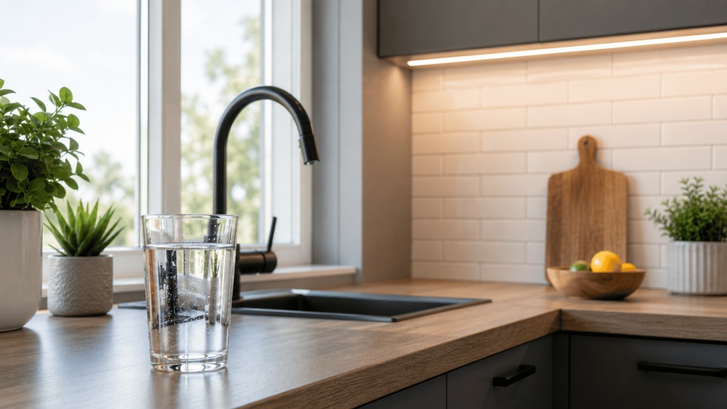 Glass of filtered drinking water on a modern kitchen countertop with a bright, clean kitchen in the background.