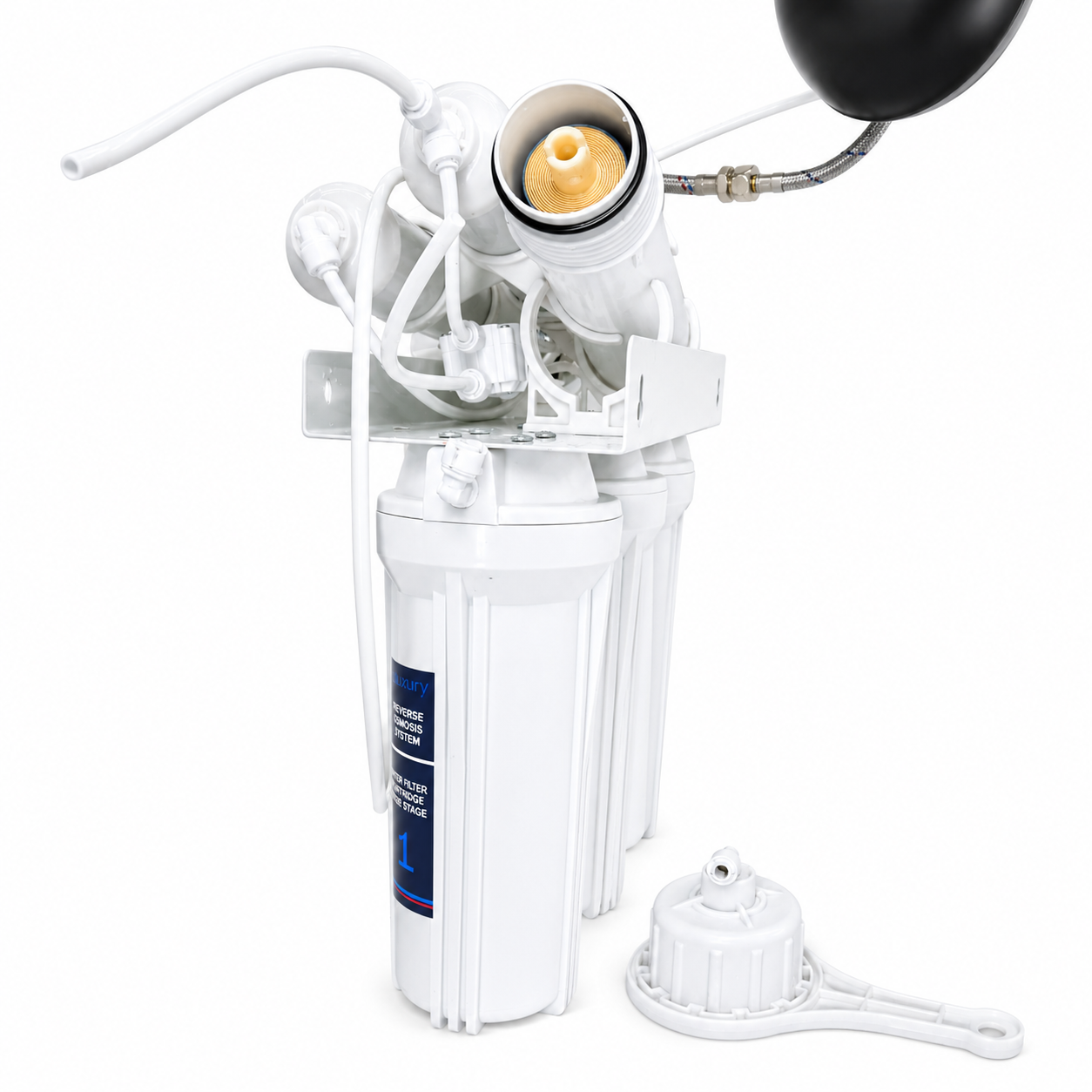 Little Luxury reverse osmosis system with membrane housing open and housing wrench
