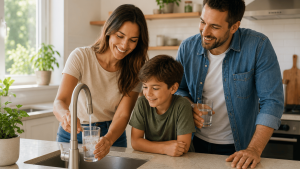 Family filling a glass with clean filtered drinking water in a modern South African kitchen.