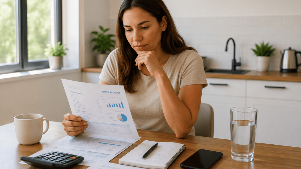 Concerned homeowner reviewing household water costs in a modern South African kitchen.