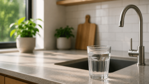 Glass of clean drinking water on a modern kitchen countertop in a South African home.