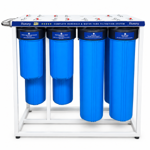 Front view of Little Luxury Full Monty borehole and water tank filtration system with blue filter housings