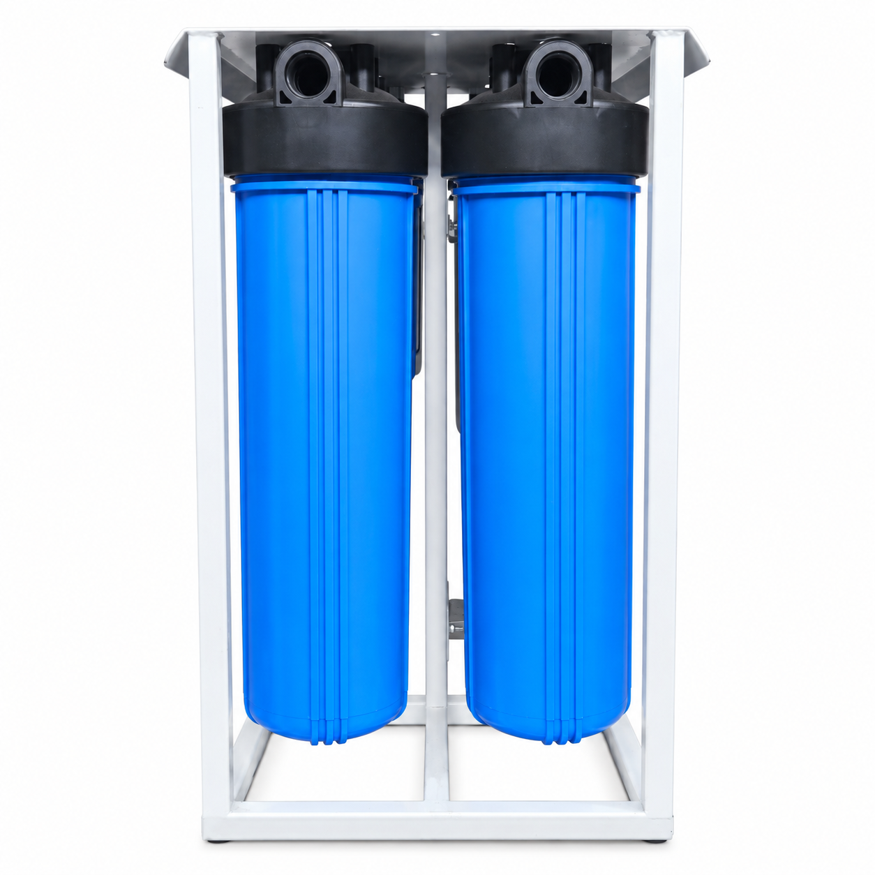 Side view of Full Monty borehole and water tank filtration system blue filter housings