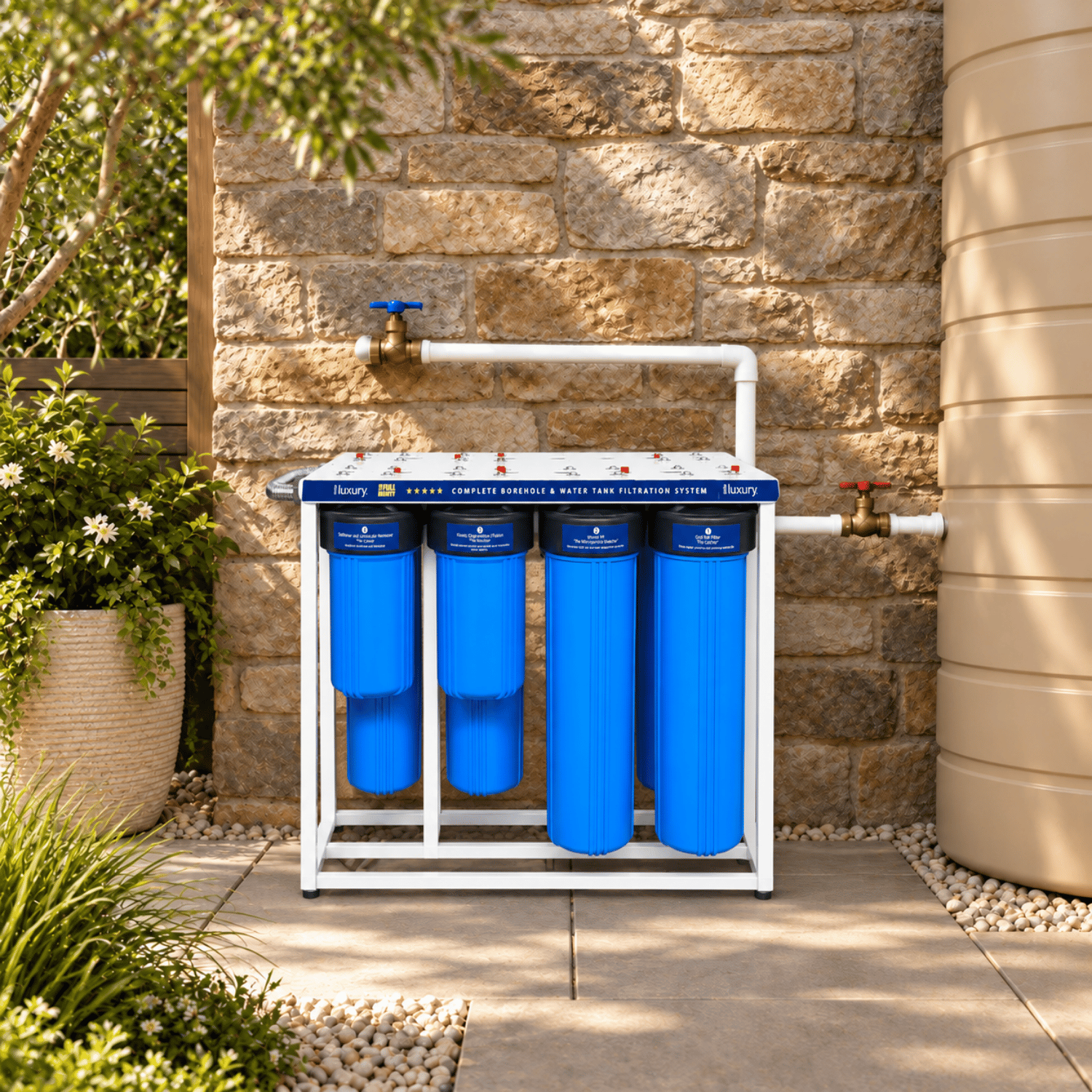 Full Monty borehole and water tank filtration system installed outside a South African home