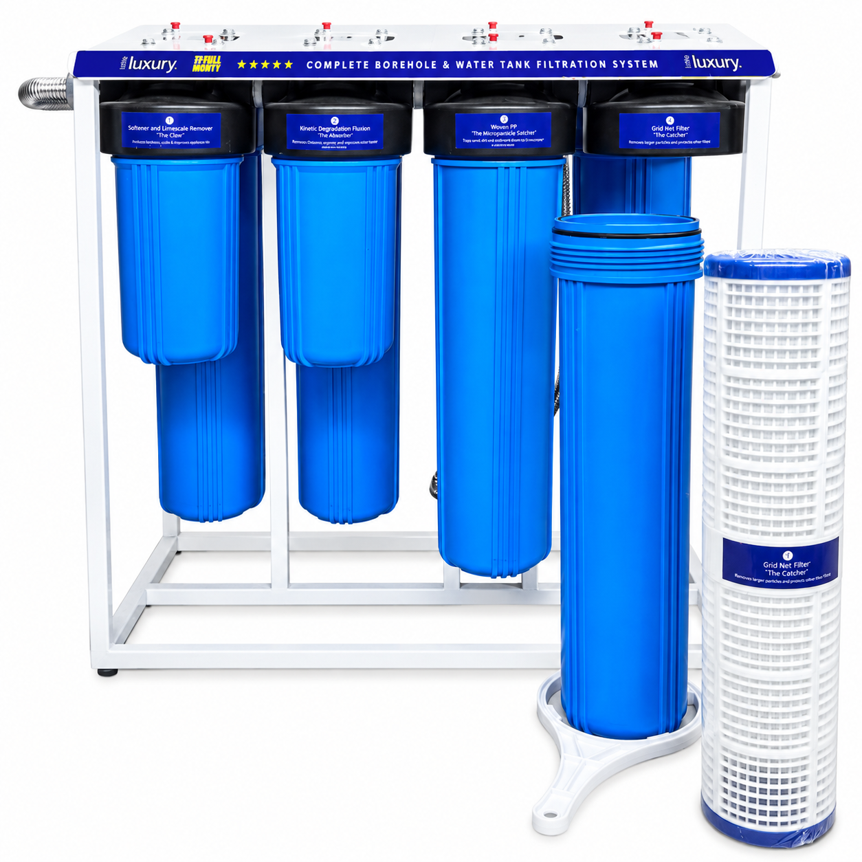 Full Monty borehole and water tank filtration system with replacement filter cartridge