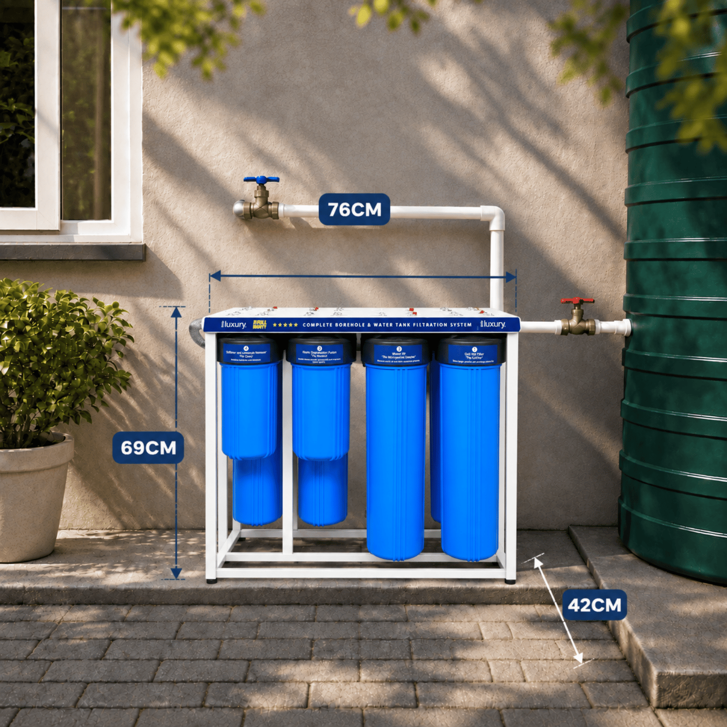 Full Monty borehole and water tank filtration system dimensions 76 cm by 69 cm by 42 cm