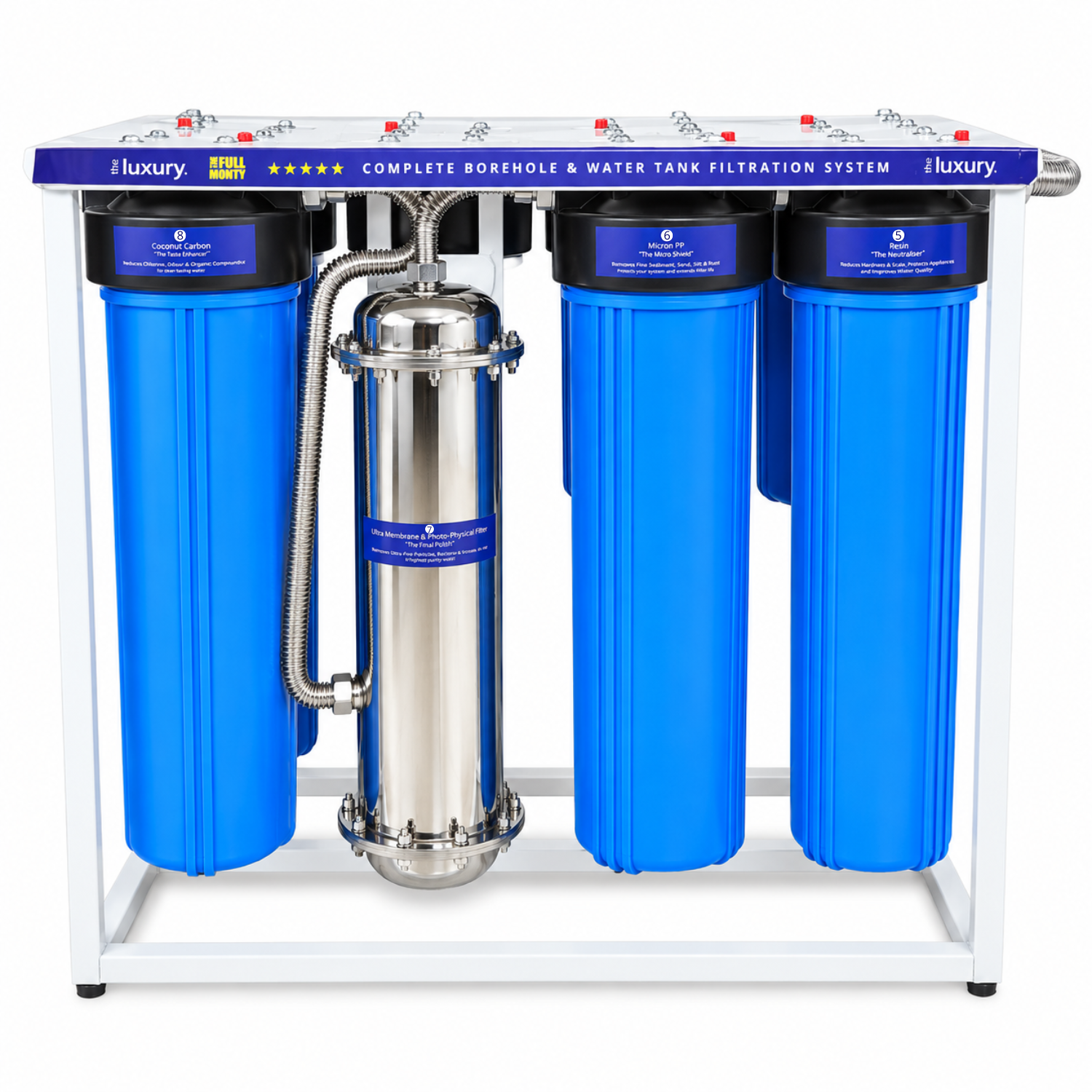 Full Monty water filtration system internal filter housings and stainless steel filtration chamber