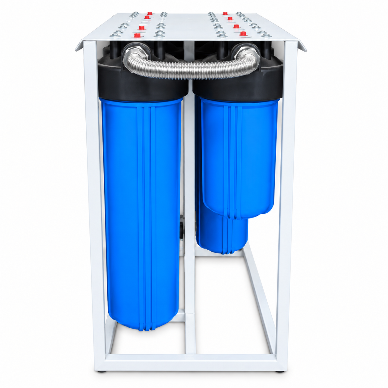 Rear view of Full Monty borehole and water tank filtration system with connected filter housings