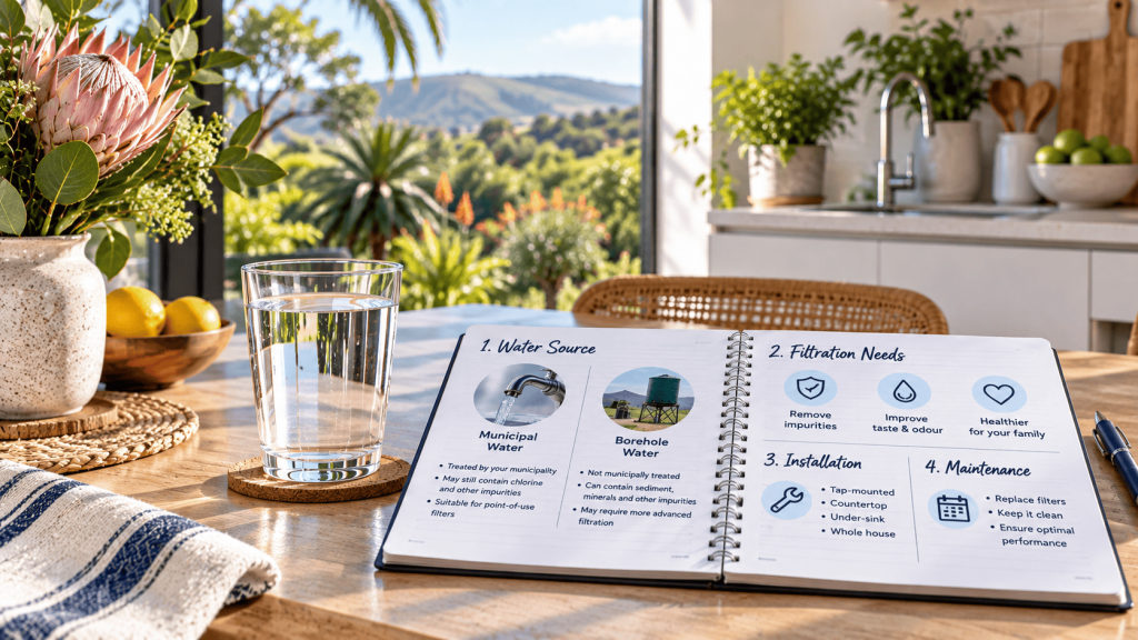 Guide to choosing a water filtration system in South Africa based on water source, filtration needs, installation and maintenance