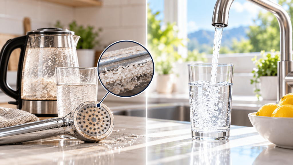 Hard water mineral and limescale build-up compared with clear filtered water