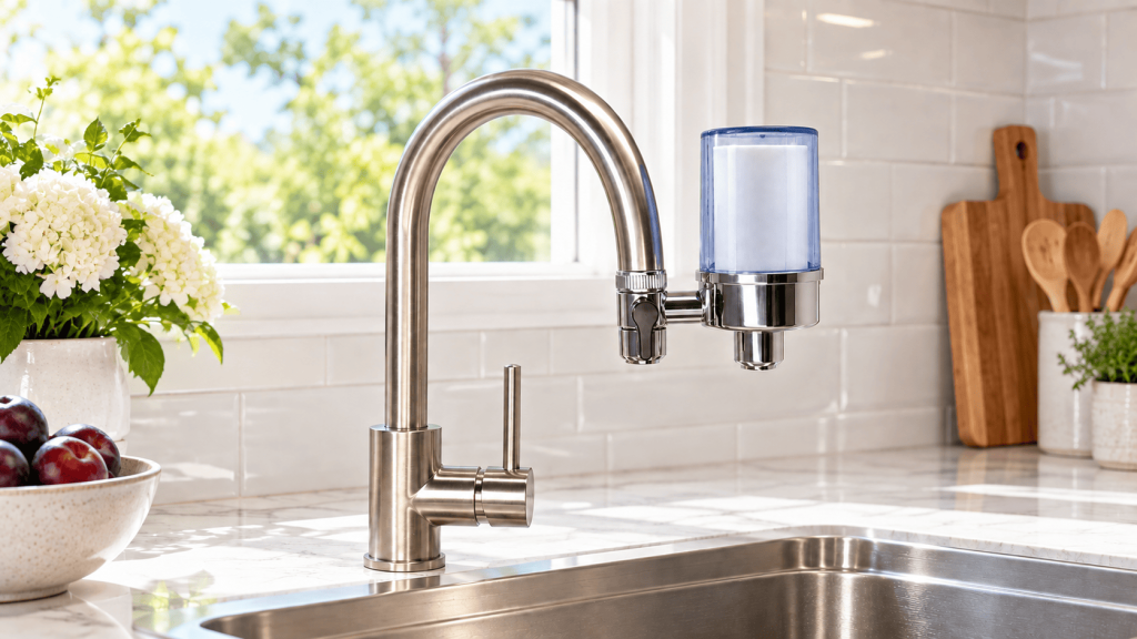Tap-mounted water filter for municipal tap water in a South African kitchen