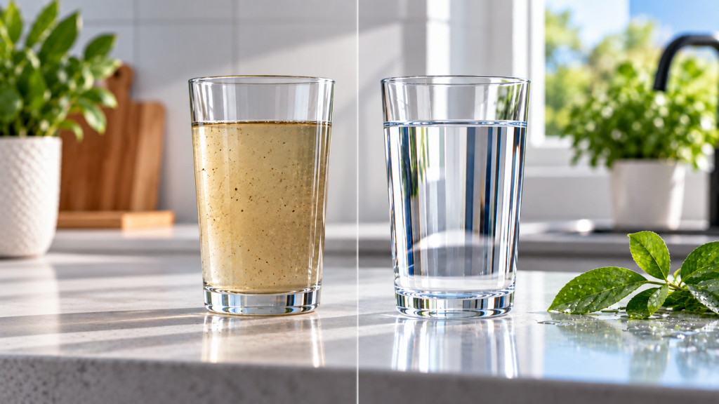 Comparison of cloudy unfiltered water and clear filtered drinking water